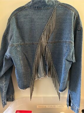 Rhinestone Fringe Cropped Blue Denim Jacket